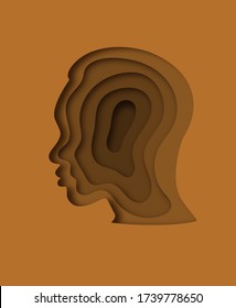 Realistic paper cut layered human head. Colorful papercut man silhouette on isolated background for personality or psychology concept.