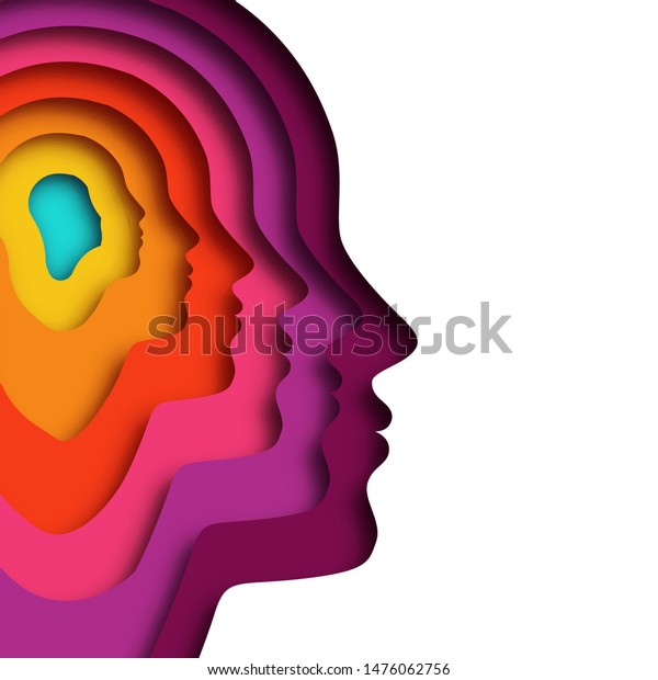 人間の頭を重ねたリアルな紙切り 個性や心理学のコンセプトのための 分離型背景にカラフルな切り絵の男のシルエット のベクター画像素材 ロイヤリティフリー