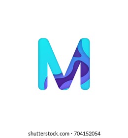 Realistic paper cut letter M. Turquoise and violet alphabet symbol isolated on white background. Paper letter textured with colorful diffuse layers. Carving craft object. Vector art illustration