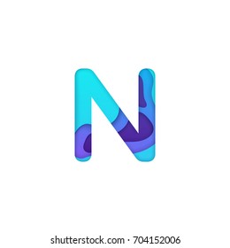 Realistic paper cut letter N. Turquoise and violet alphabet symbol isolated on white background. Paper letter textured with colorful diffuse layers. Carving craft object. Vector art illustration