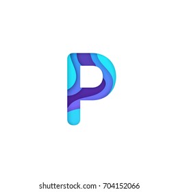 Realistic paper cut letter P. Turquoise and violet alphabet symbol isolated on white background. Paper letter textured with colorful diffuse layers. Carving craft object. Vector art illustration.