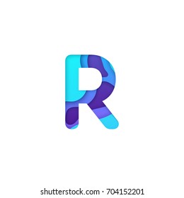 Realistic paper cut letter R. Turquoise and violet alphabet symbol isolated on white background. Paper letter textured with colorful diffuse layers. Carving craft object. Vector art illustration