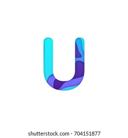Realistic paper cut letter U. Turquoise and violet alphabet symbol isolated on white background. Paper letter textured with colorful diffuse layers. Carving craft object. Vector art illustration.