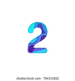 Realistic paper cut number 2. Turquoise and violet alphabet symbol isolated on white background. Paper character textured with colorful diffuse layers. Carving craft object. Vector art illustration.
