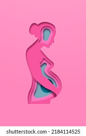 Realistic paper cut pregnant woman with baby fetus growing inside. New mother expecting child. Pink 3D papercut female silhouette illustration for motherhood or medical pregnancy concept.