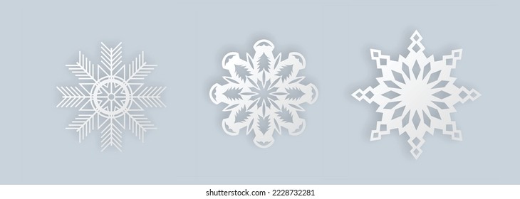Realistic paper cut snowflakes christmas set. Snow icons starts elements isolated for winter holiday decor, xmas design, new year celebration. 3d vector illustration