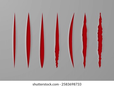 Realistic paper cut with a stationery knife with a red inner side. Vector 3D illustration.