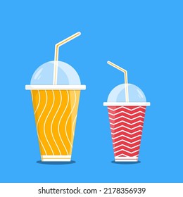 Realistic paper disposable cups small and large set for beverages with drinking straw flat illustration icon