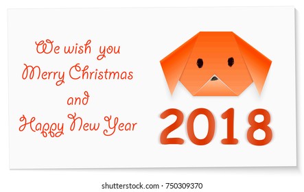 Realistic Paper Dog Greeting Card for New Year and Merry Christmas, vector