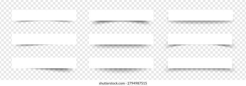 Realistic paper drop shadow banner frame. 3D soft gradient bottom edge overlay mockup vector design. White rectangle card box page border text divider graphic element.