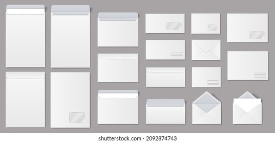 Realistic Paper Envelopes, White Blank Mailing Envelope With Letter. Open And Closed Envelopes In Different Sizes Vector Mockup Set. Front And Back View Of Objects For Correspondence