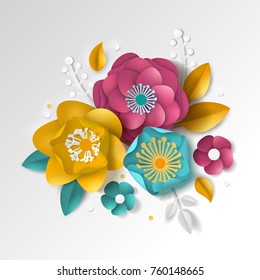 Realistic paper floral composition with color flowers and leaves on white background 3d vector illustration