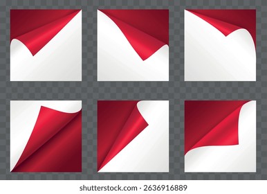 Realistic paper flyer with bent corners on transparent background. Glossy sticker edge. Sticky notepaper. Peeled tag. Turn page. Folded square sheet. Metallic foil cover. Vector 3D empty labels set