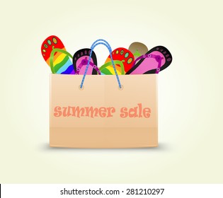 realistic paper full of flip flop shoes and orange inscription  "summer sale"  on soft yellow background