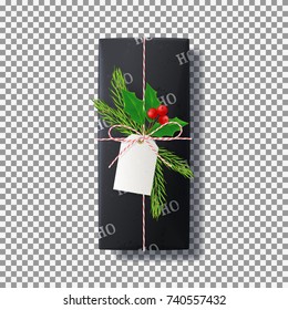 Realistic Paper Gift Box. Top view on Xmas gift with fir tree branch and holly isolated on transparent backdrop. Template for greeting card on Christmas or New Year. Vector illustration.