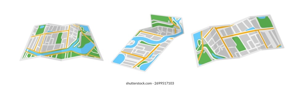 Mapas de papel realistas. Livros de mapa aberto e dobrável, guia de ruas e rios urbanos de estrada da cidade para viagem de viagem de navegação de rota de pesquisa topografia desenho animado 3d set vetor ilustração