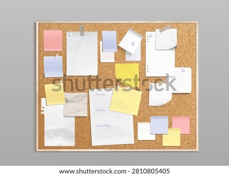 Realistic paper memo notes pinned to cork board. Vector illustration of torn and crumpled sheets, colorful sticky note pages and thumbtacks, office or school planner design, blank scrapbook stickers