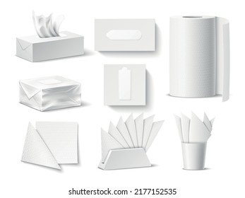 Realistic paper napkins packaging. White tissue paper mockup, different types, boxes, rolls and stands, kitchen towels. Hygiene accessories blank carton packages, utter vector set