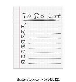 Realistic paper note. To do list icon with hand drawn text. School business diary. Office stationery notebook on isolated background