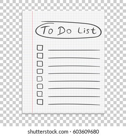 Realistic paper note. To do list icon with hand drawn text. School business diary. Office stationery notebook on isolated background