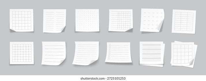 Realistic Paper Note Memo Sheets Set with Lined, Dotted Grid, Table Layouts. Blank Square White Notebook Pages for To Do List Planning, Study Tasks. Professional Paper Notes Pack. Vector Illustration