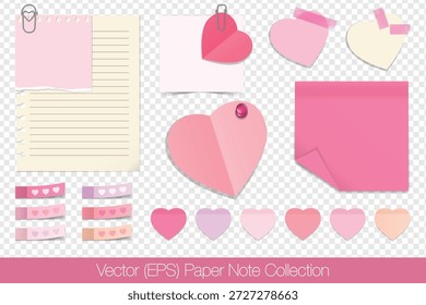 Conjunto de notas de papel realista para el día de San Valentín con notas de papel en forma de corazón rosa, cintas de papel adhesivas, Clips de papel y alfileres. Plantillas en blanco aisladas sobre fondo transparente