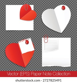 Conjunto de notas de papel realista para el día de San Valentín con notas de papel en forma de corazón rojo, Clips de papel y alfileres. Plantillas en blanco aisladas sobre fondo transparente