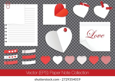 Juego de notas de papel realista para el día de San Valentín con notas de papel en blanco y en forma de corazón, cintas de papel adhesivas, Clips de papel y alfileres. Plantillas en blanco aisladas sobre fondo transparente