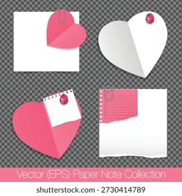 Juego de notas de papel realista para el día de San Valentín con notas de papel en forma de corazón rosa, Clips de papel y alfileres. Plantillas en blanco aisladas sobre fondo transparente
