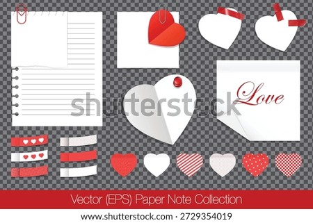 Realistic paper note set for the valentine's day with white and heart-shaped paper notes, sticky paper tapes, paper clips and push pins. Blank templates isolated on transparent background