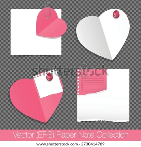 Realistic paper note set for the valentine's day with pink heart-shaped paper notes, paper clips and push pins. Blank templates isolated on transparent background