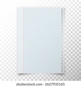 Folha de caderno de papel realista com grade e margem. Página em branco do bloco de notas em branco para lição de casa, matemática, fórmulas. Folha de papel de carta com guia de cópia com sombra. Ilustração vetorial
