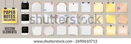 Realistic paper notes collection. Sticky memo sheets and torn notepad pages with clips, pins and tape. Polaroid frame. Office stationery reminder set on transparent background