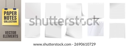 Realistic paper notes collection. Sticky memo sheets and torn notepad pages with clips, pins and tape. Polaroid frame. Office stationery reminder set on transparent background