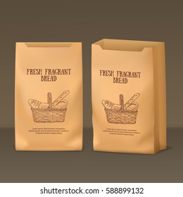 Realistic paper pack template with bread label in front and half side views. Vector illustration with volume bag used as mockup for emblem, logo, sticker or print design.