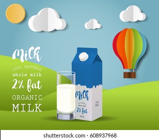 Realistic paper package and glass for milk. On Paper art beautiful landscape with Balloon. For design and branding. Transparent glass for every background.
