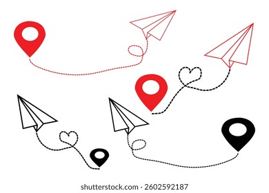Realistic paper planes collection.  Paper Plane doodle Vector Illustration. paper airbus icon set in red, yellow color. Airplane icon set. paper plane icon set. Plane route. Airplane symbol.