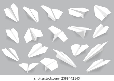 Realistic paper planes mega set in flat design. Bundle elements of different views of white handmade origami aircrafts for business idea or message sings. Vector illustration isolated graphic objects