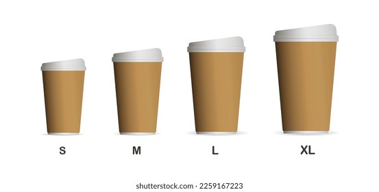  Realistic Paper or Plastic Brown Disposable Tea, Coffee Cup Set size s, m, x, xl. Vector 3d Illustration. Design Template. Front View