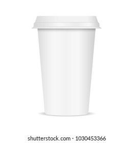Realistic paper or plastic coffee cup. Mock up template for your design and branding. Latte, mocha or cappuccino container cup for cafe. Vector illustration