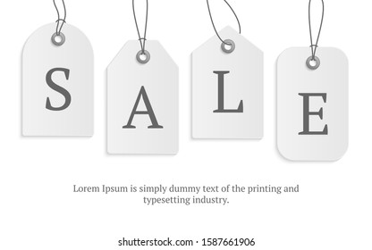 Realistic paper price tag with text sale stock vector illustration. Cardboard label, paper sale tags mockup labels template shopping gift stickers with ropes tags and copy space for text.