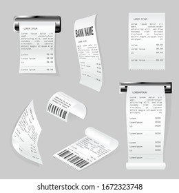 Realistic paper print checks set. Cash dispenser with financial invoice. Shop receipt and purchasing atm bill isolated object. Cash register sales receipts printed on thermal paper vector illustration