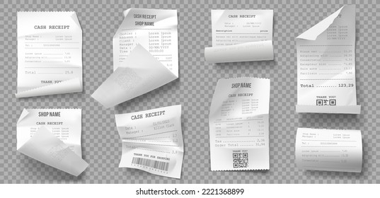 Realistic paper receipt, check and payment bill printed on rolled and curved thermal paper.