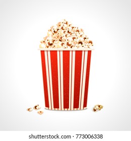 Realistic paper red striped buckets full of popcorn. Vector Illustration.