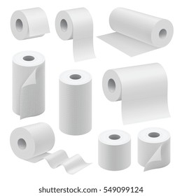 Realistic paper roll mock up set isolated on white background vector illustration. Blank white 3d packaging kitchen towel, toilet paper roll, cash register tape, thermal fax roll. Paper roll template