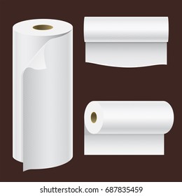 Realistic paper roll mock up set isolated vector illustration blank white 3d packaging kitchen towel template