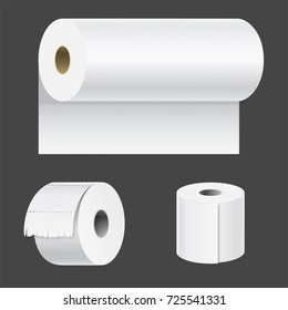 Realistic paper roll mock up set isolated vector illustration blank white 3d packaging kitchen towel template