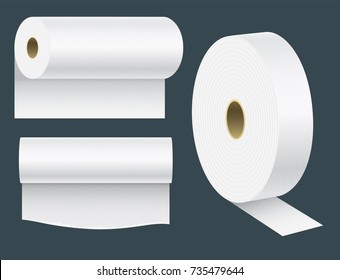 Realistic paper roll mock up set isolated vector illustration blank white 3d packaging kitchen towel template