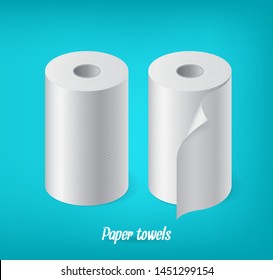 Realistic paper roll set mock up template, kitchen towel, cash tape, vector illustration isolated