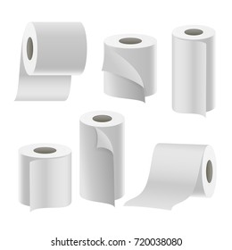 Realistic Paper Roll Set Vector. Template Blank White Toilet Paper Roll Mock Up. Thermal Fax Roll Template Isolated Illustration
